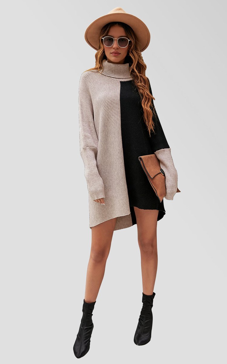 Trui-top met hoge hals, halfbosbeige en zwart blokkleur