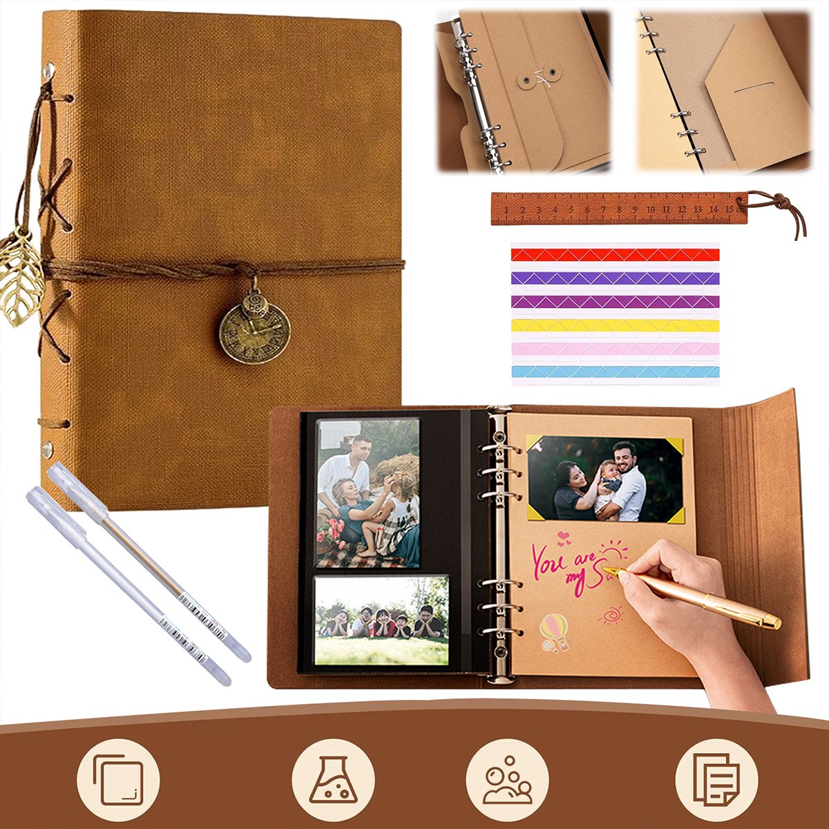 Vitdipy - Fotoalbum - Vintage - Fotoboek - 52 Vellen(104 Pagina's) - Kraftpapier - Incl. Accessoires - DIY - Gastenboek - Leder Look - Bruin