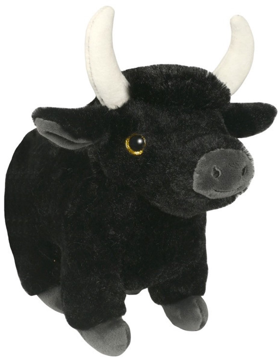 Sandy Stier/koe knuffel - zwart - pluche - 21 cm - dieren knuffels - knuffeldieren - knuffelkoe