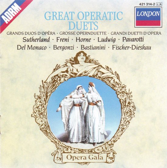 Albumhoes "Great Operatic Duets" met "London" logo, "ADRM" en "Opera Gala". Twee vrouwen in witte gewaden.