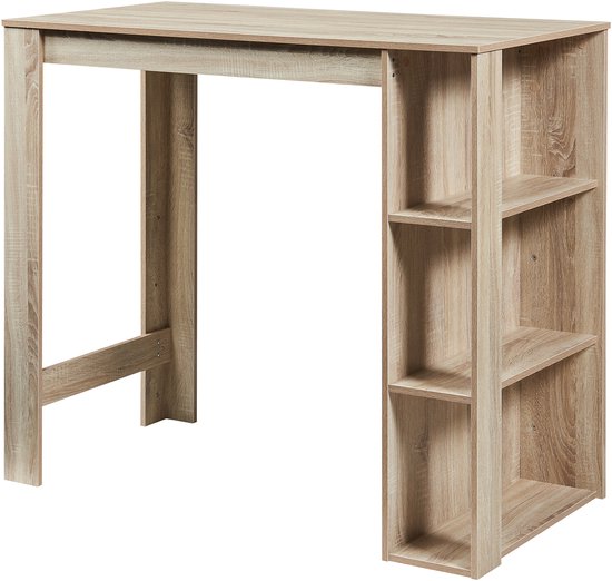 Houten bartafel met 3 open vakken.