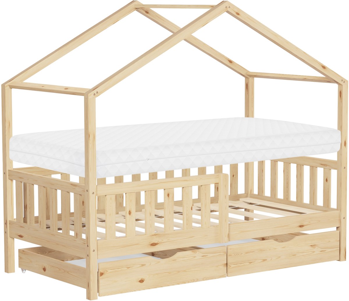 ml-design Montessori kinderbed huisbed 80x160 cm houten juniorbed met natuurlijke matras 2 lades valbeveiliging lattenbodem speelbed vloerbed voor meisjes jongens kinderkamer massief hout bedframe houten huisbed Beige