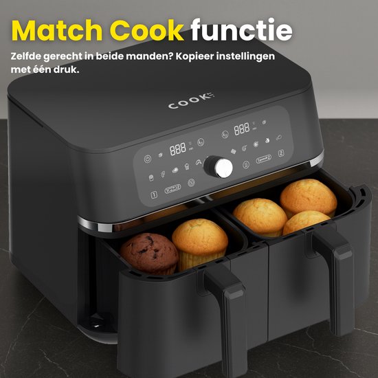 Zwarte dubbele heteluchtfriteuse met open manden vol muffins, klaar voor de 'Match Cook' functie.