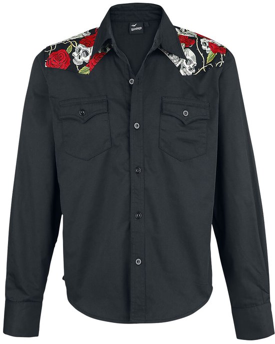 T-shirt à manches longues noir avec un imprimé de crânes et de roses rouges sur les épaules avant.