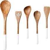 Set d'ustensiles de cuisine Somstyle 5 pièces - Spatule, cuillère de service et spatule à pâtisserie - Batterie de cuisine - Ensemble de cuisine en bois - Marron/ Wit
