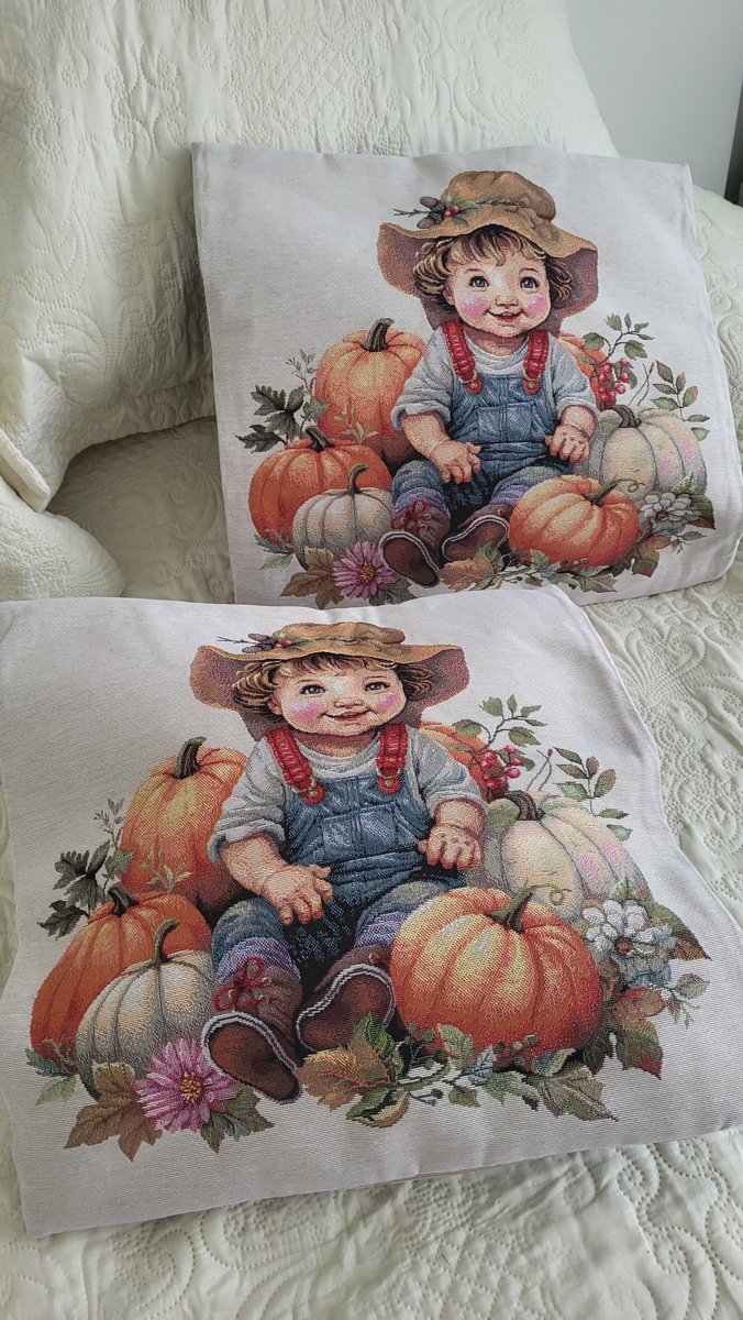 Kussenhoes Gobelinstof boy with Pumpkins Pompoen Autumn herfst met rits 45*45cm
