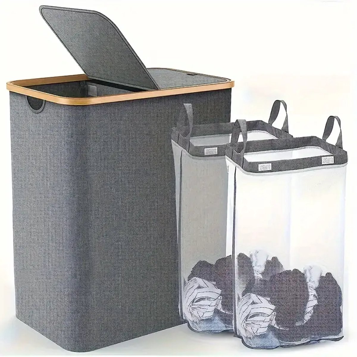 Wasmand met een Deksel en Dubbele Zakken - Opvouwbare Wassorteerder - 150L Capaciteit Grijs - met 2 Uitneembare Zakken - Geschikt Voor Waskamers,Badkamers en Slaapzalen