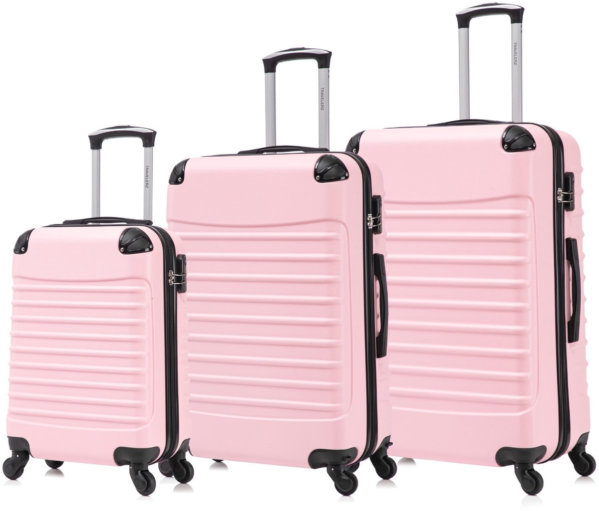 Travelerz Rome Kofferset 3-Delig – Handbagage 39L + Large 69L + Extra Large 95L – Lichtgewicht ABS – Spinner Wielen – Licht Roze – Met Cijferslot