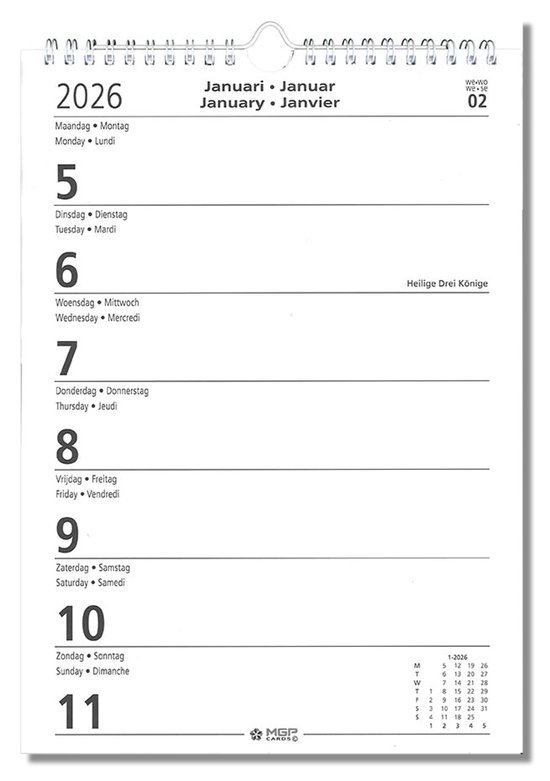 MGPcards - Groot Letter Kalender 2026 - formaat A4 - Week begint op maandag - 21 x 34 cm
