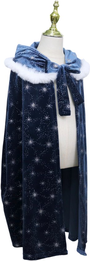 Joya Kids® | Cape de princesse d'hiver de Luxe pour enfant | Velours bleu foncé avec étoiles | Cape de déguisement pour fille avec capuche et fourrure blanche | Cape de la Reine des Glaces | 72 cm | Déguisement d'hiver | Édition de luxe