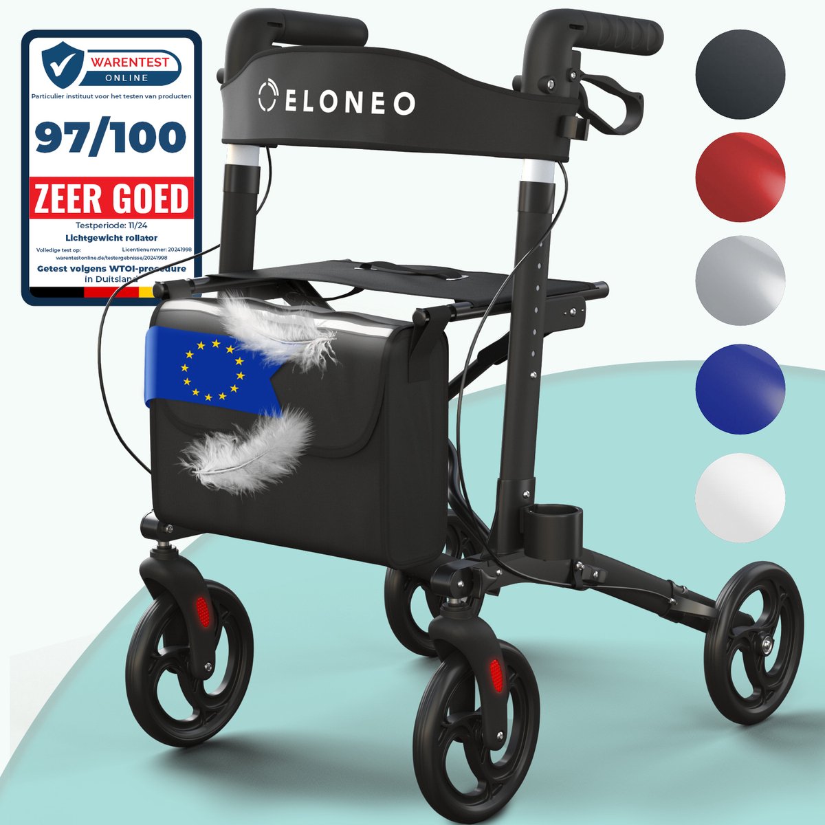 ELONEO Rollator – Lichtgewicht & Opvouwbaar - Binnen&Buiten - met Rugleuning - Wandelstokhouder -Tas