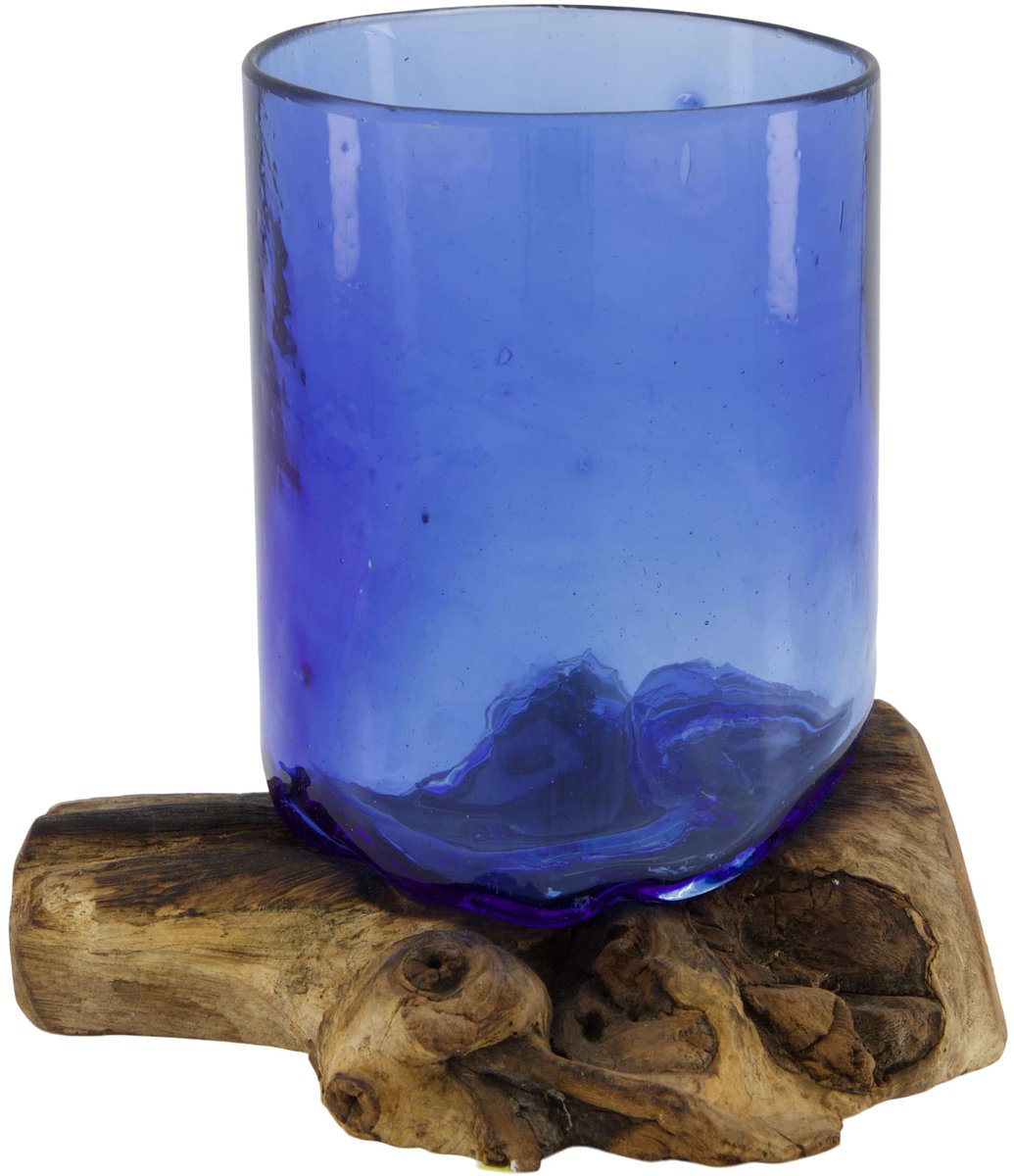 Root teak wood with glass 16x14x16cm uniek stuk blauw glas op hout