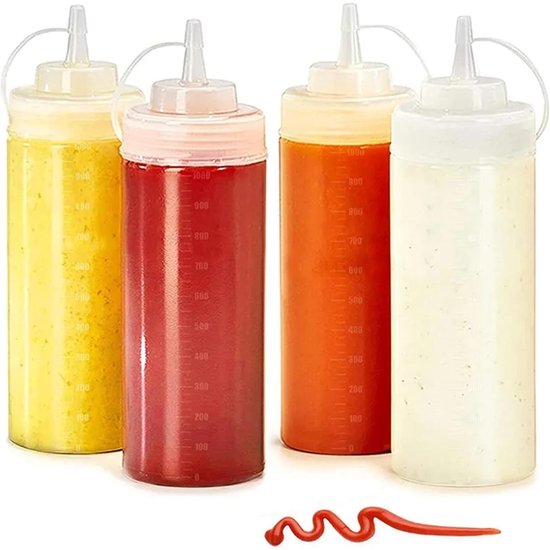 TOVBMUP Verpakking van 4 - Sausflessen - 500ml knijpflessen - 16 oz maatflessen met doppen - Spuitflessen, 500ml knijpflessen - Geschikt voor kruiden, ketchup, mosterd, mayonaise, olijfolie, transparante verf van Merkloos — afbeelding 2