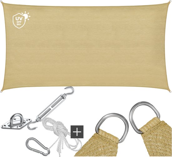 tectake® Rechthoekig Schaduwdoek Sunny - 2 x 4 m - Extra Stevig 185 g/m² HDPE Zonwering Doek - 50+ UV Bescherming - Weerbestendig en Scheurbestendig - Zonnescherm voor Tuin, Balkon, Terras - Zonnedoek inclusief Montagemateriaal - Zandkleur