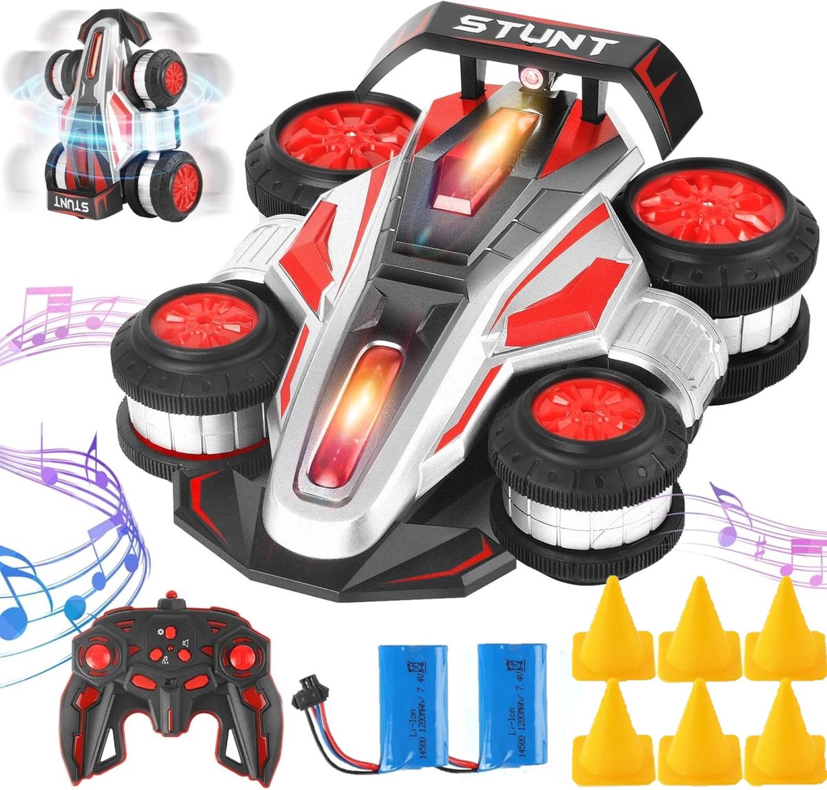 Huntex RC Stunt Car - Transformeerbare Drift Auto 360° + Pionnen & Extra Batterijen | Snelheidsmonster voor Kinderen 8-16 Jaar - Rood