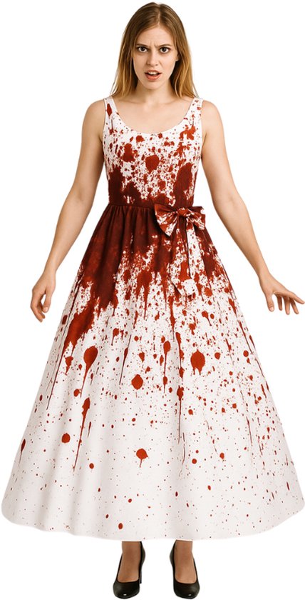 Joya Kids® Verkleedjurk Halloween Bruid | Bloed Zombie Bruidsjurk Volwassenen | Lange Jurk Dames Wit | Horror Kostuum Vrouw | Carnaval & Halloween Kostuum | Maat S