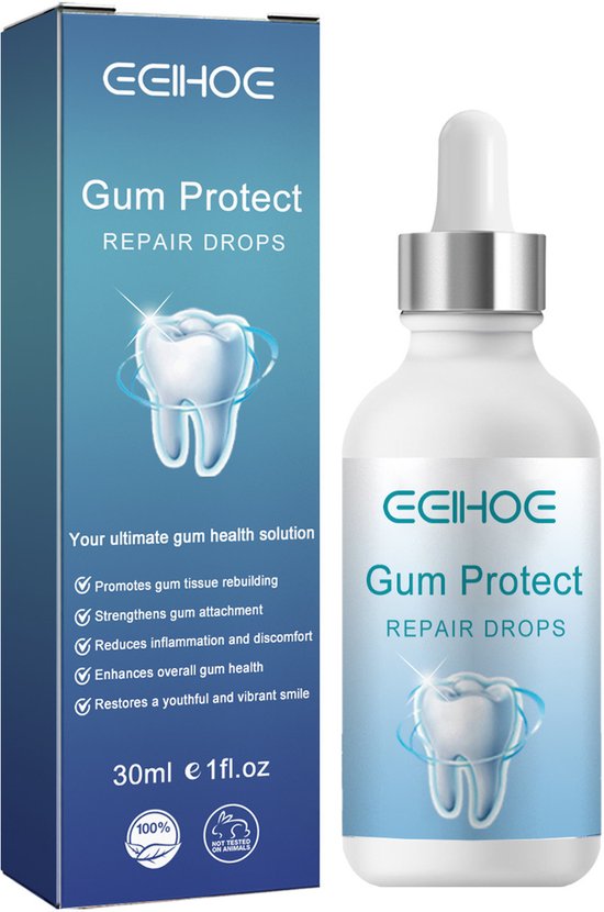 Eehoe Gum Protect Repair Drops flesje en doosje, met 30ml e 1fl.oz en een afbeelding van een tand.