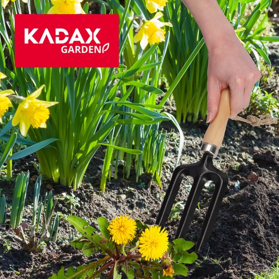KADAX Kleine bloemenvork van metaal, grafvork met comfortabel houten handvat, tuinvork, grafvork, tuinvork met afgeronde randen, tuingereedschap (3 tanden, zwart) van KADAX — afbeelding 4