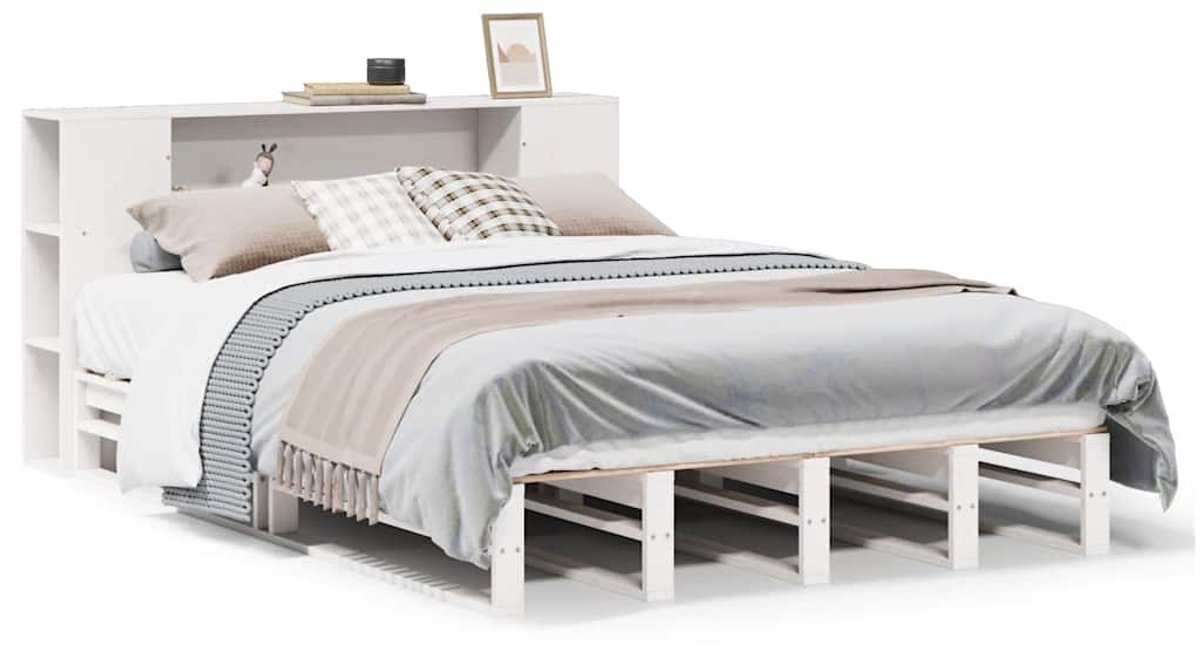 vidaXL Bed - met - boekenkast - zonder - matras - massief - hout - wit - 140x200 - cm