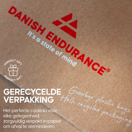 Bruine kartonnen verpakking met 'DANISH ENDURANCE' logo en tekst 'It's a state of mind'. Verpakking is 'Gerecycled' en een 'Perfect gift'.
