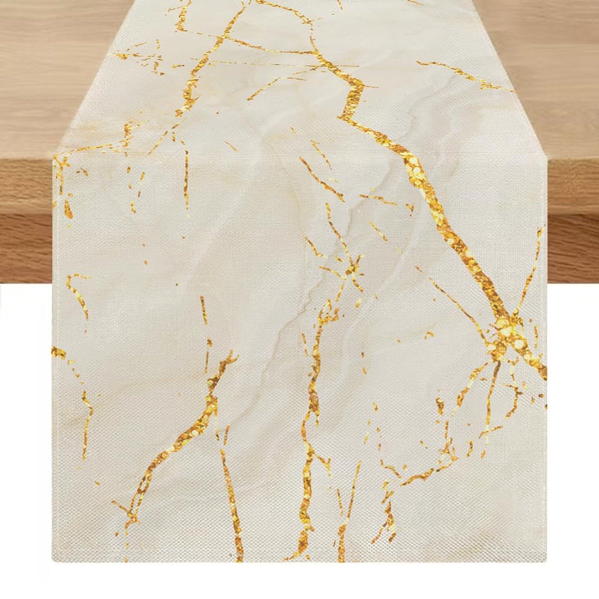 Linnen Tafelloper - Modern design met marmer gouden textuur en abstracte kunst - Voor salontafel, eettafel, commode, bijzettafel en slaapkamer - Wit Goud - 40 x 240 cm