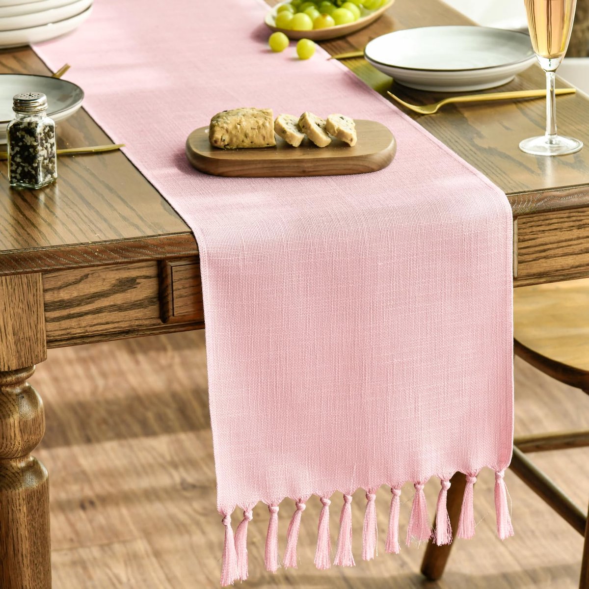 Tafelloper met Kwastjes - Wasbaar Landelijke Stijl - Voor Tafeldecoratie - Blush Roze 33x243 cm