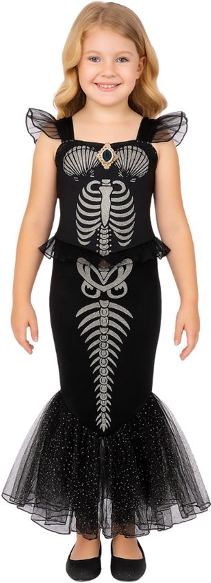 Joya Kids® | Halloween Mermaid jurk meisje | Verkleedjurk skelet zeemeermin | Zwart met tule & glitter | Meisjes kostuum carnaval verkleedkleding | Maat 120