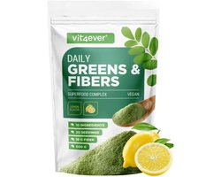 Vit4ever - Daily Greens & Fibers - 600 g - Smaak Citroen - Complete mix van superfoods & vezels (spirulina, gerstengras, moringa, baobab, psyllium) - Frisse smaken Green Apple & Lemon - Veganistisch