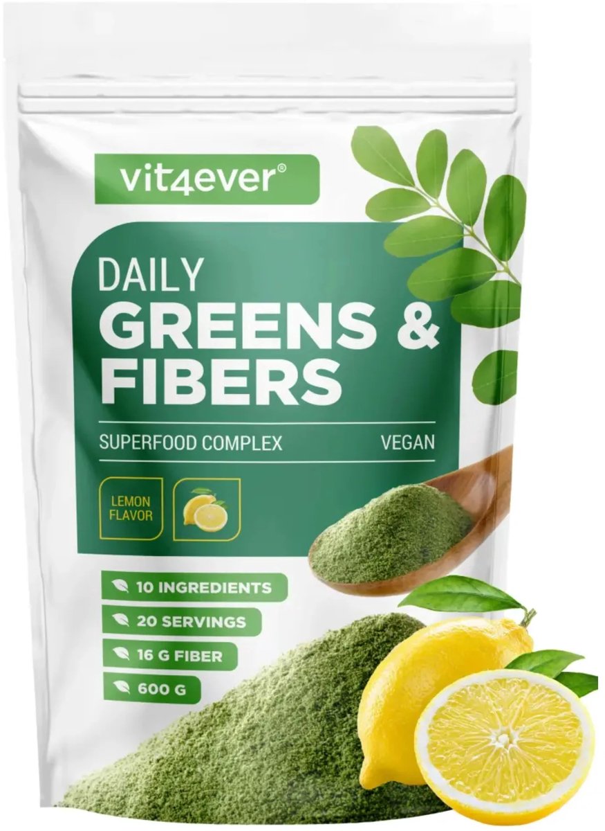 Vit4ever - Daily Greens & Fibers - 600 g - Smaak Citroen - Complete mix van superfoods & vezels (spirulina, gerstengras, moringa, baobab, psyllium) - Frisse smaken Green Apple & Lemon - Veganistisch