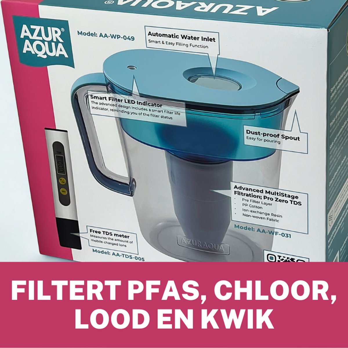 Filtert PFAS, Lood, Chloor en Kwik uit Kraanwater - Water kan met Waterfilter 2,4 L Multistage Pro Filter en TDS Meter - Unieke Water Pitcher met geavanceerde Multistage Filtratie
