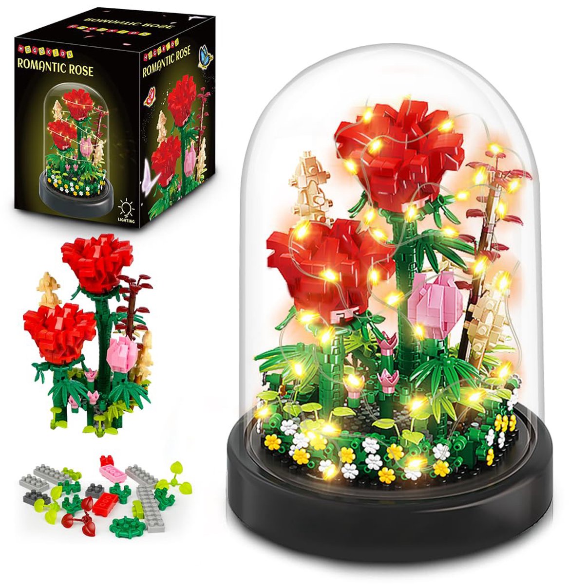 HOGOKIDS Bloemboeket Rode Rozen Bouwstenen – Mini 596 Delen - Met LED Verlichting & Displaykap - Bonsai Boom Botanische Bouwpakket voor Volwassen Vriendin Vrouw
