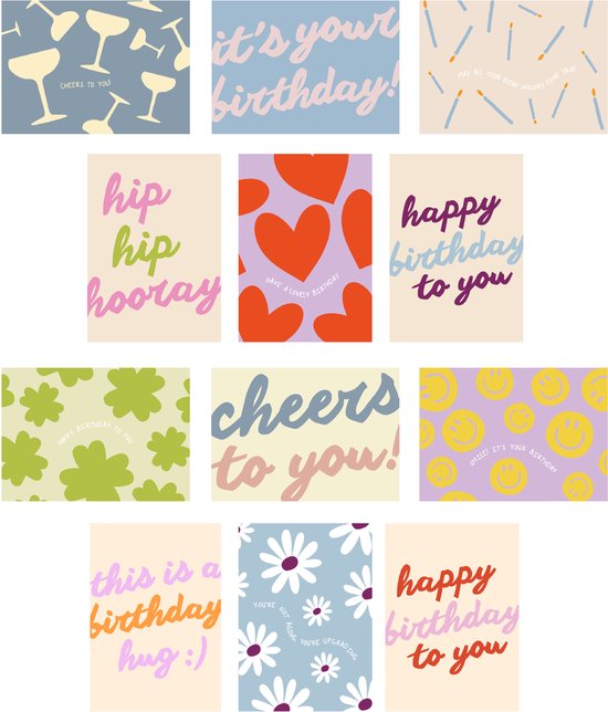 12x hippe gekleurde verjaardagskaartjes (A6) - verjaardagskaarten - kaartjes om te versturen - kaartenset - hippe kaartjes - kaartjes met tekst - wenskaarten - felicitatiekaarten - kaart verjaardag - verjaardagskaart - hippe wenskaarten verjaardag