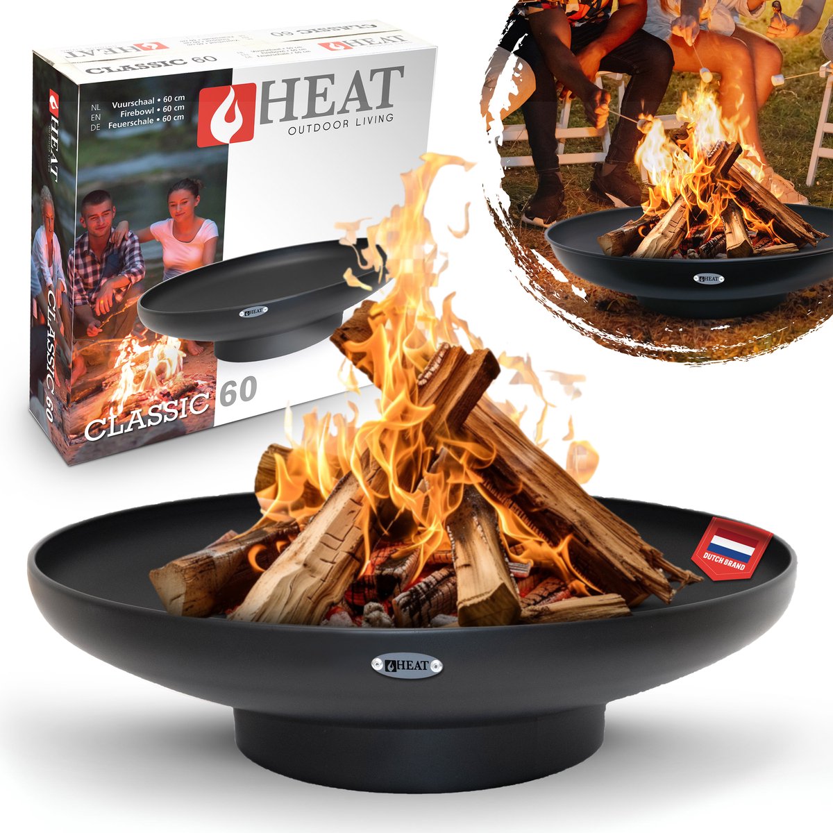 HEAT Outdoor Living - Vuurschaal Classic Ø 60 cm Zwart - Staal - Vuurkorf - Vuurschaal BBQ - Vuurschaal voor buiten - Terraskachel - Tuinkachel Terrashaard - Vuurkorf voor buiten - Vuurkorf BBQ - Vuurton - Terraskachel - 60x60x16 cm