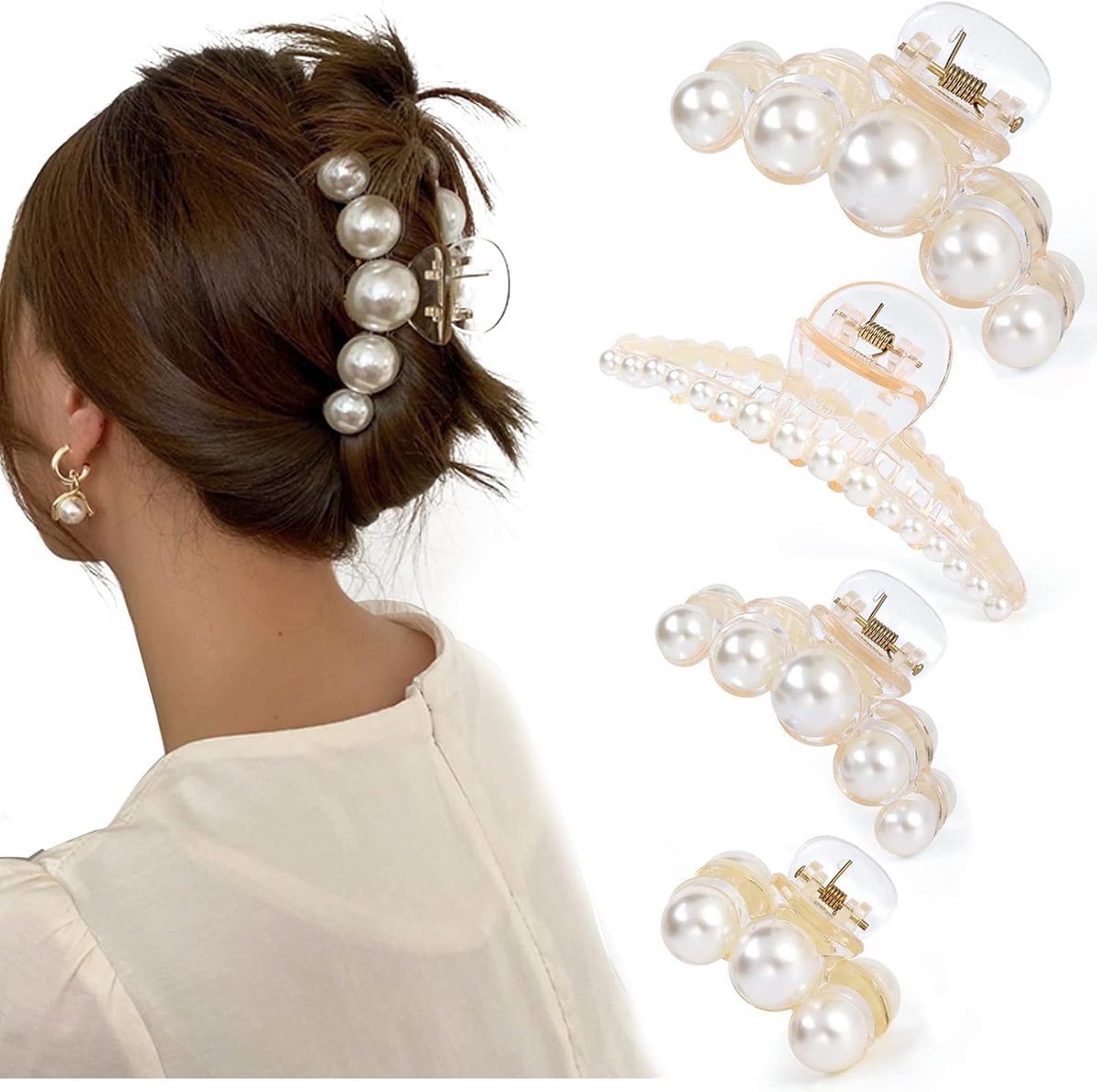 4 stuks parelhaarspelden voor vrouwen en meisjes, haarklemmen voor dik en dun haar, modieuze haaraccessoires voor feesten en bruiloften, antislip haarspeldjes, haarspeldjes voor dames en meisjes - Cyslmuk®