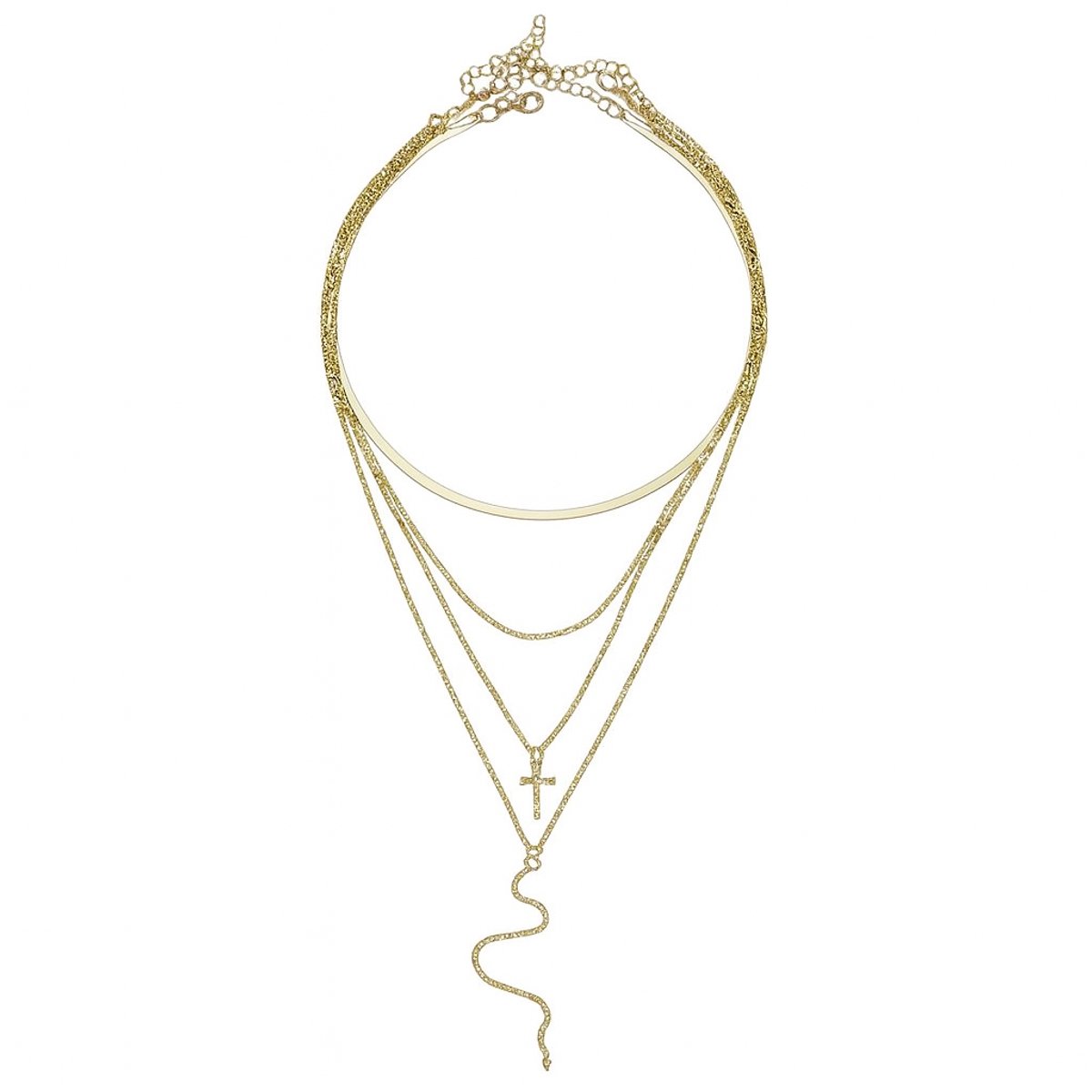 4-delige goudkleurige dames ketting set – layered design met kruishanger en verschillende schakels