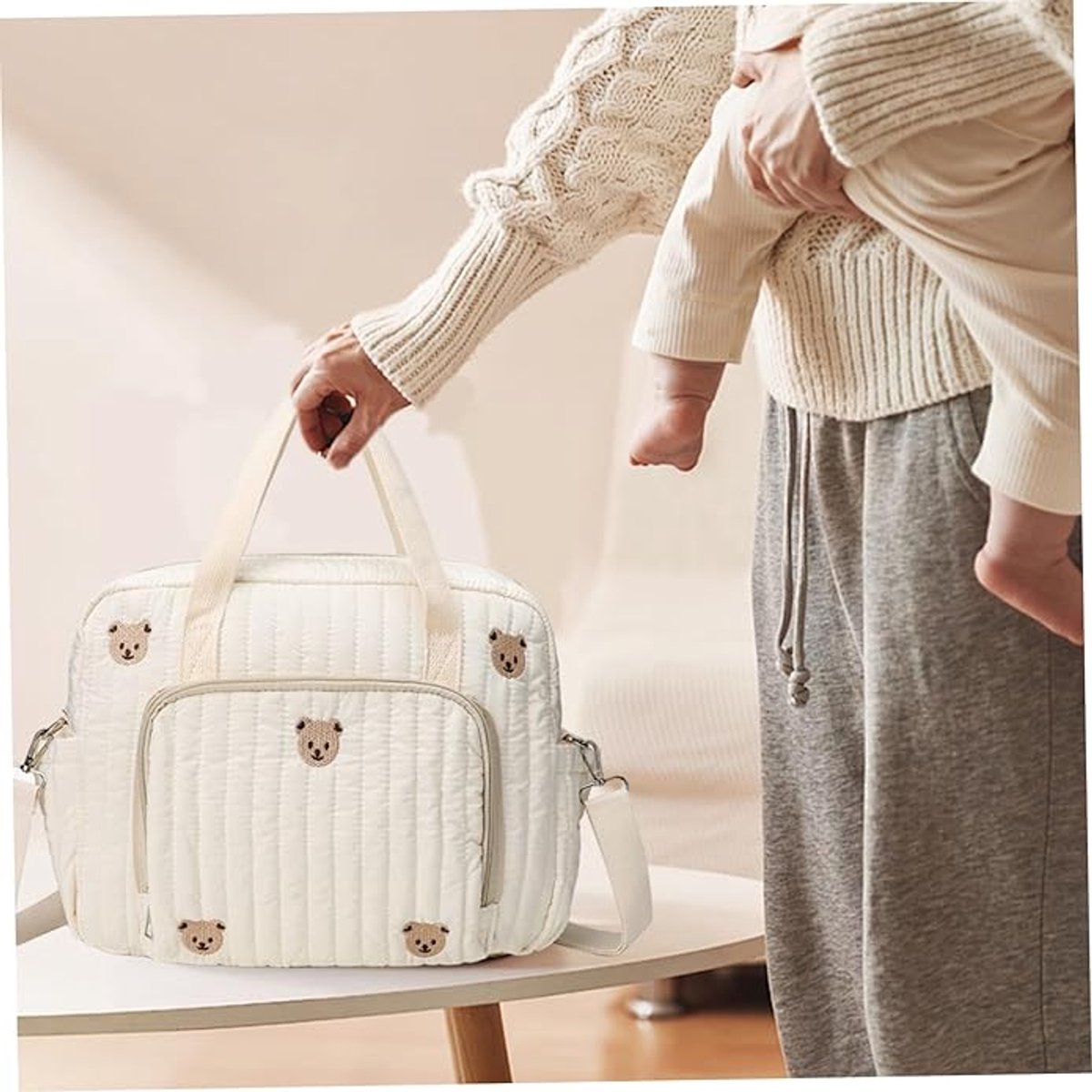 Luiertas Rugzak met grote capaciteit - 35x10x28cm Babytas - Draagbare en lichtgewicht luiertas - met handvat en schouderband - Perfect voor reizen en uitstapjes - Lichtgeel – foto 6