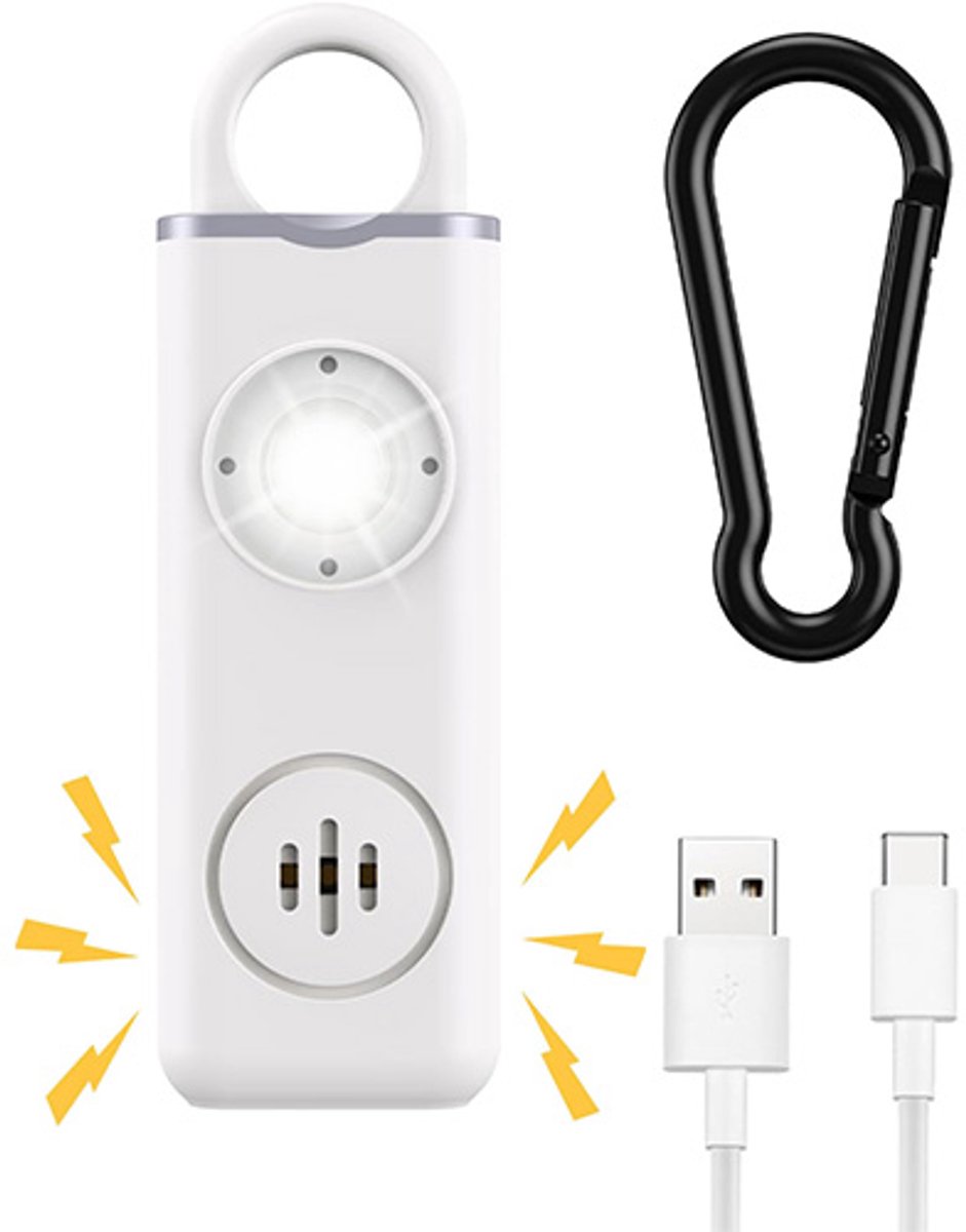 Persoonlijk alarm zelfverdediging - Zelfverdedigingsalarm voor vrouwen - Oplaadbare alarmsleutelhanger - Noodalarm - met LED-stroboscoop - 130 dB - Noodzelfverdedigingsalarm voor vrouwen, meisjes en senioren - Wit