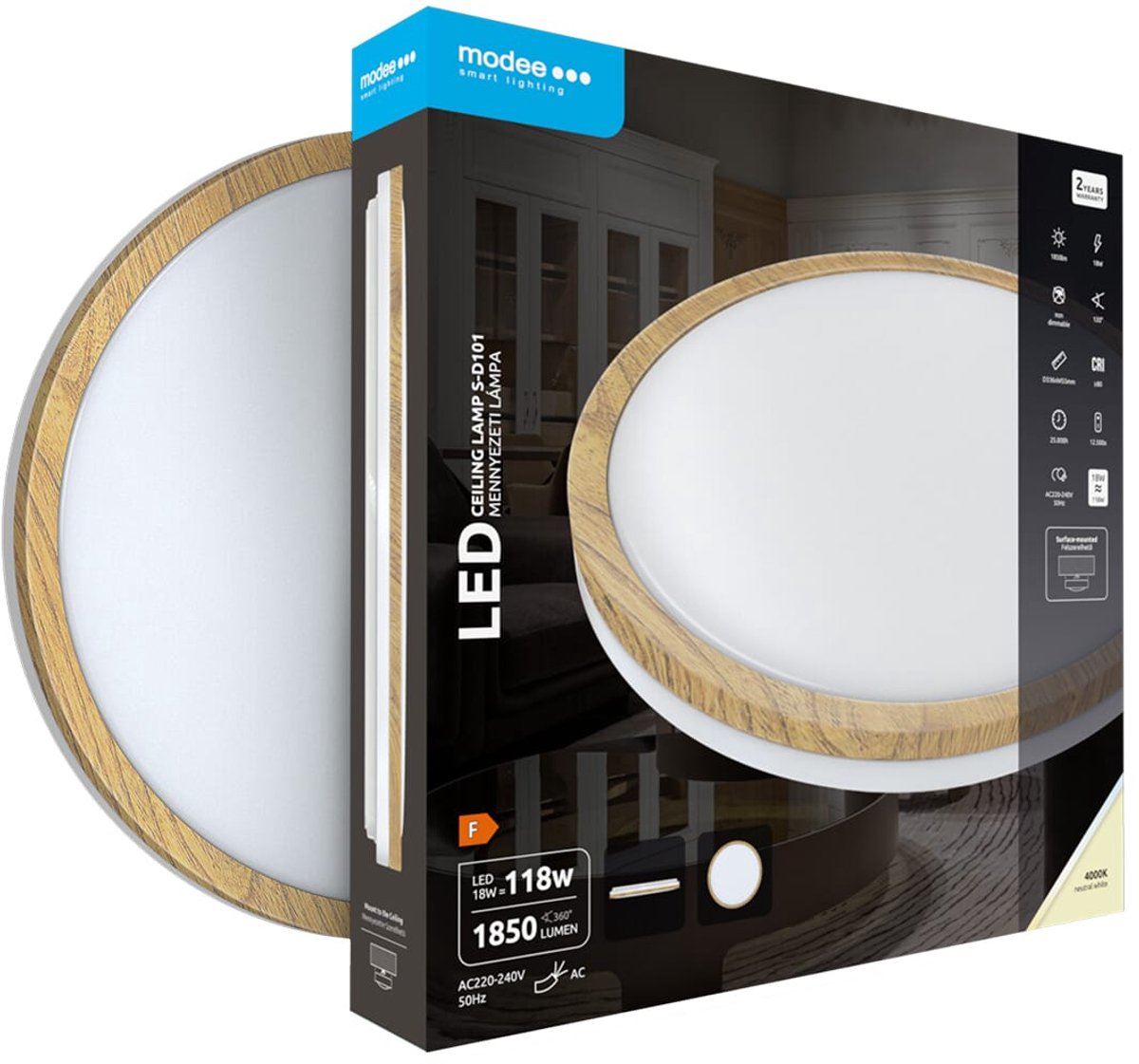 Modee Plafondlamp LED - ø 33.6cm - 18W - Plafonnière - Neutraal Wit Licht - Rond - Hout - Per Stuk