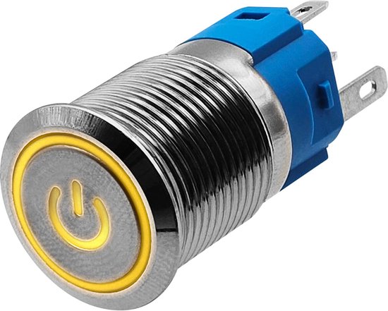 Interrupteur à impulsions en métal ProRide 220 V OFF-(ON) - 16 mm - Interrupteur momentané - Résistant aux éclaboussures - Indication LED Jaune