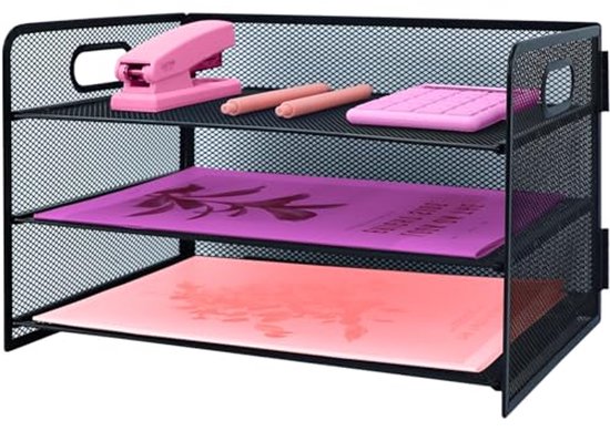 3 Tier Letter Tray Organizer, Metal Storage Compartments, Office Drawers, Document Tray, A4 Mesh Drawer Organiser for Office, Home and School, Black