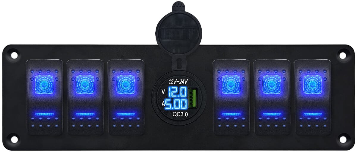 ProRide Schakelpaneel 12V voor Auto/Boot - USB Stopcontact met Voltmeter/Ampèremeter - QC3.0 - 6 schakelaars