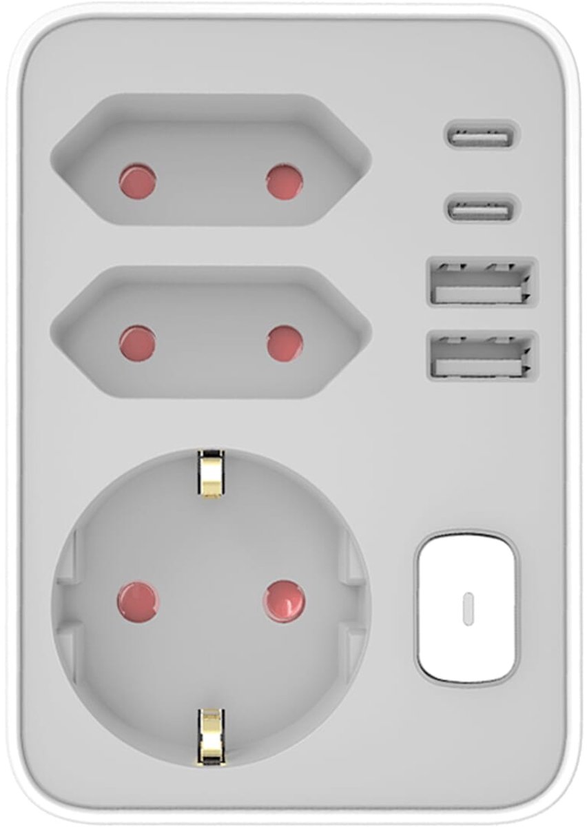 Technik Verdeelstekker met USB C en Schakelaar - 3-Voudig - 2x USB C - 2x USB A - Doorvoerstekker - Wit