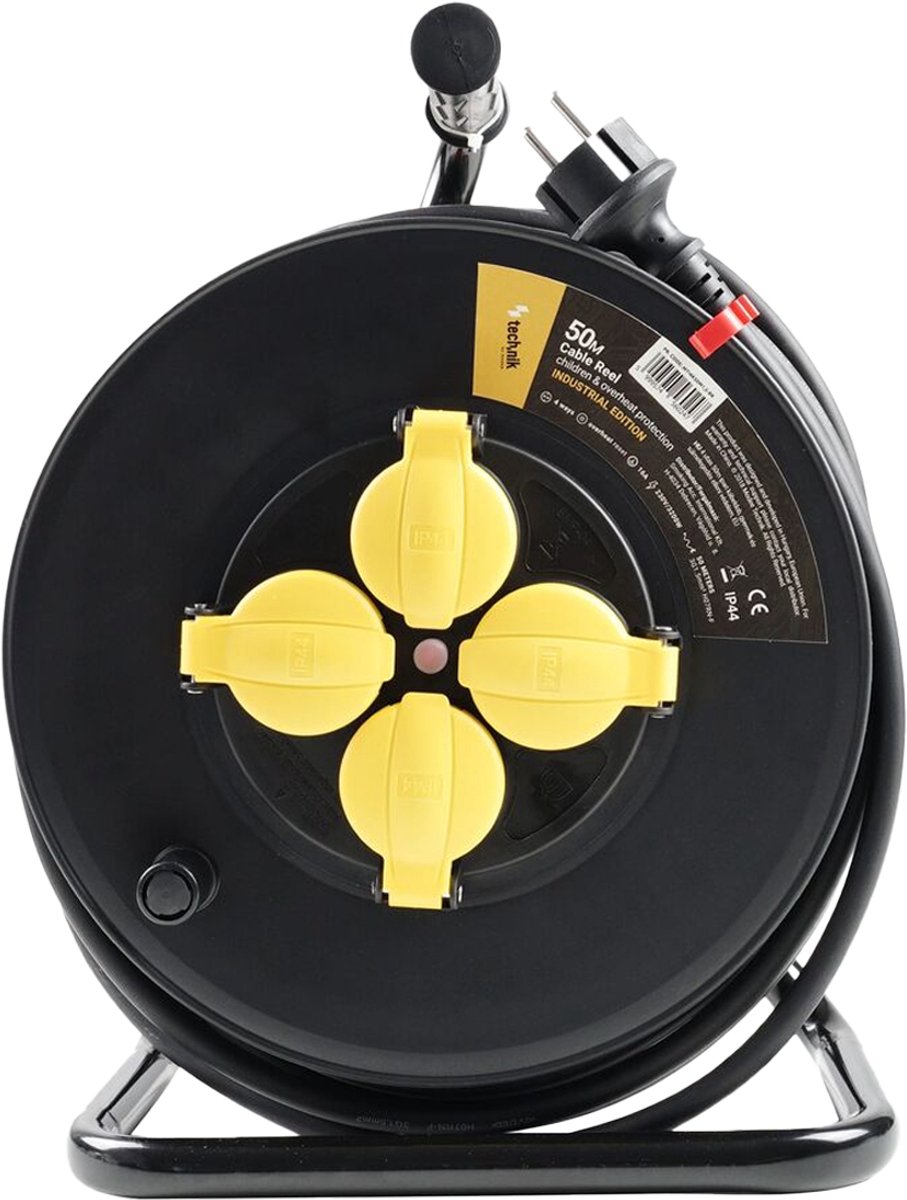 Technik Kabelhaspel 50 Meter - 4-Voudig - H07RN-F Industriele Kwaliteit - Haspel Verlengsnoer - Buiten en Binnen - 3x1.5mm - Zwart