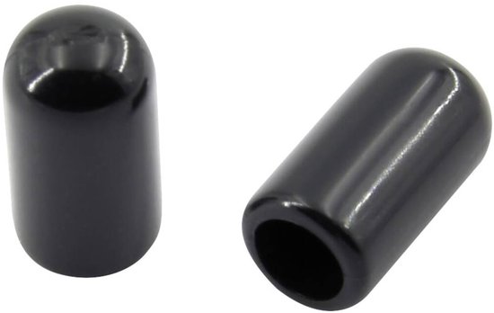 Twee zwarte, glimmende PVC-eindkappen.