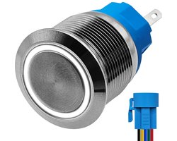 ProRide Metalen Pulsschakelaar 12V OFF-(ON) - 22mm - Momentschakelaar met Aansluitkabel - Spatwaterdicht - 12V/24V - LED Indicatie Wit