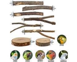 8-Delige Vogelzitstokken - Natuurlijke houten papegaaienzitstokken - Papegaaiencombinatiespeelgoed - Boomstamzitplatform - Hangend platform met meerdere takken - Geschikt voor papegaaien, kanaries, valkparkieten, lovebirds, - Houtkleur