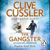 Boekomslag van 'The Gangster' door Clive Cussler en Justin Scott, met een man in een hoed en jas die wegrent voor een stoomtrein in de sneeuw.
