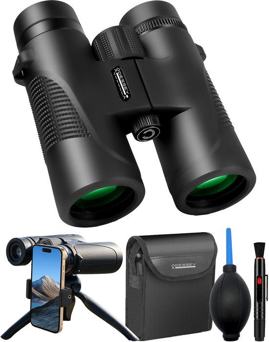 Zwarte ODESSEY verrekijker met groene lenzen, een telefoonhouder met landschapsfoto, een opberghoes en onderhoudsartikelen.