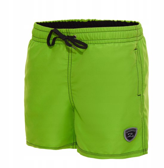 Maillot de bain vert vif Zagano avec cordon noir, coutures noires et logo sur la jambe gauche.