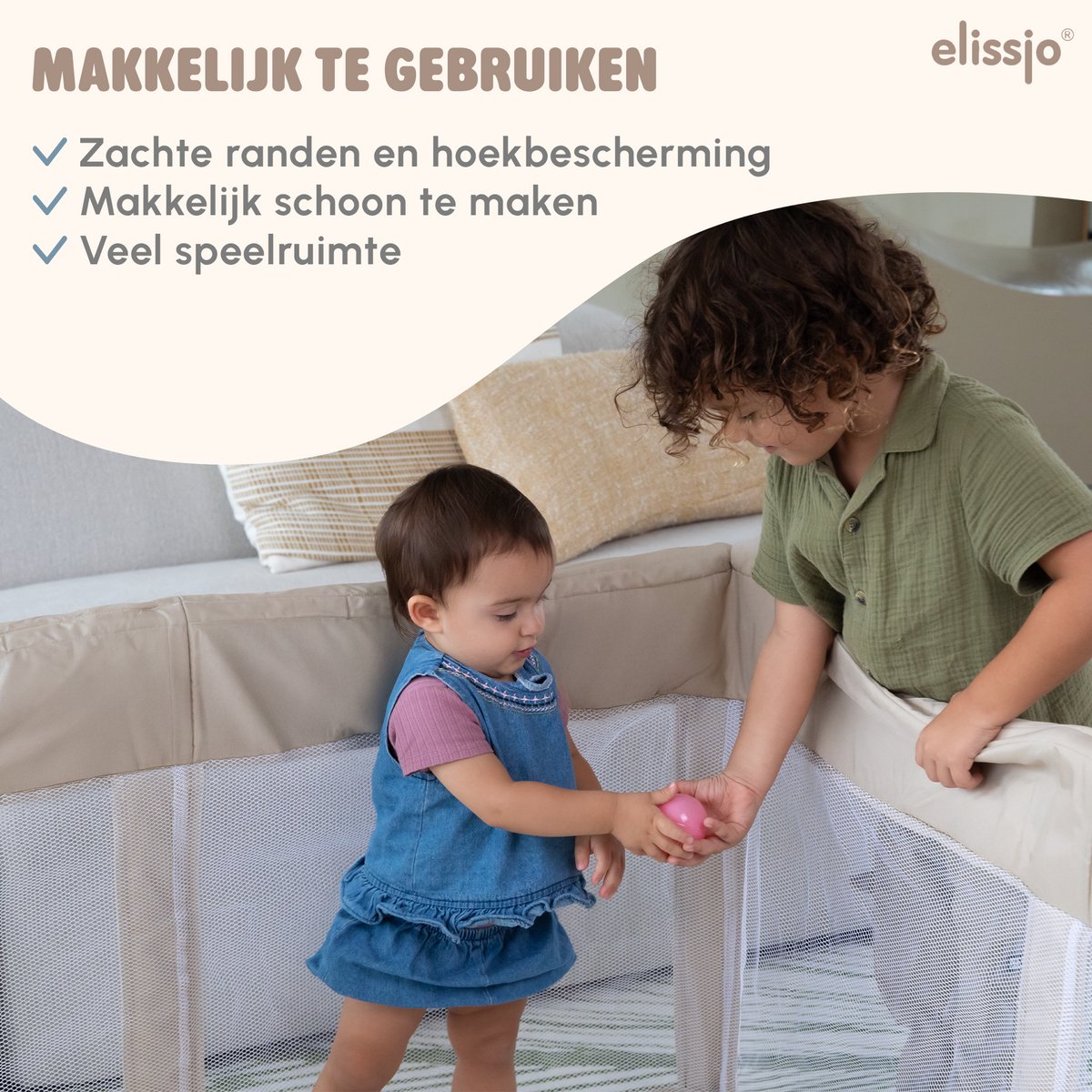 Elissio® - Grondbox Baby - Inklapbare Speelbox met Dubbelzijdige Speelmat & 50 Ballen - Kruipbox - Kinderbox - Playpen Baby - 125x125x65 CM - Beige – foto 7
